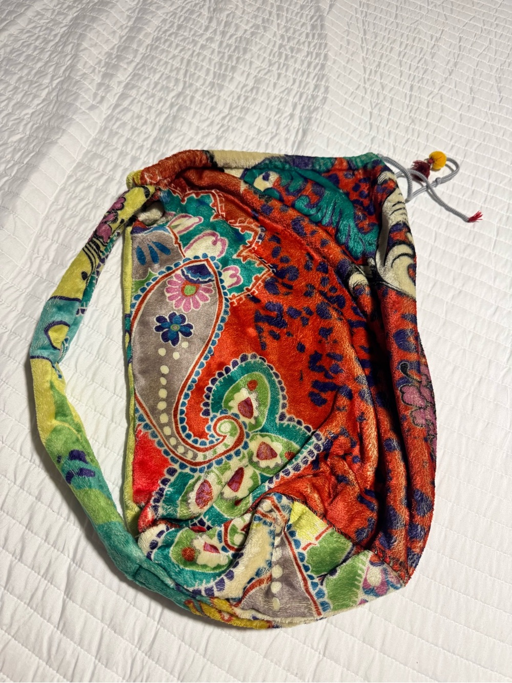 Johnny Was Plush Velvet Drawstring Shoulder Bag Boho Floral Paisley Multicolor